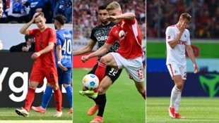 Bayern (im Bild ganz links Kimmich) blickt auf eine Saison zum Vergessen zurück, Union (Mitte) rettet sich mit einem dramatischen letzten Saisonspiel, Köln (ganz rechts) muss absteigen. (Bild: AP/AFP, AP)