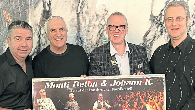 Ralph "The Voice" Schader (2nd from right) is delighted that he was able to win over Goleador Hans Krankl (2nd from left) and the Viennese cult band Monti Beton for a concert at the Seegrube. (Bild: Schader)