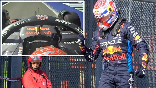 Ups! Da hatte Max Verstappen offenbar seinen Mittelfinger nicht unter Kontrolle (kleines Bild links oben). (Bild: AP/AP, Twitter.com/Verstappen News)