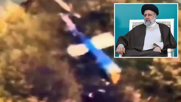 Im abgestürzten Hubschrauber konnten keine Lebenszeichen festgestellt werden. Irans Präsident Ebrahim Raisi hat nicht überlebt. (Bild: Krone KREATIV/APA/AP, Telegram)