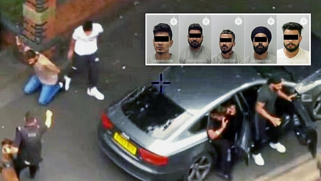 A surveillance camera recording documents the arrest of five suspects after the gruesome murder of parcel delivery driver Aurman S. in the UK - the case is now spreading to Austria. (Bild: West Mercia Police, Krone KREATIV)