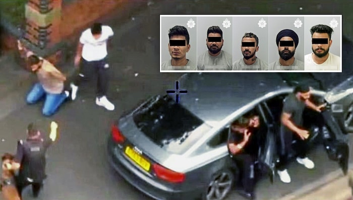 Eine Aufnahme der Überwachungskamera dokumentiert die Festnahme von fünf Verdächtigen nach dem grausamen Mord an Paketboten-Fahrer Aurman S. in Großbritannien – der Fall zieht nun seine Kreise nun bis nach Österreich.