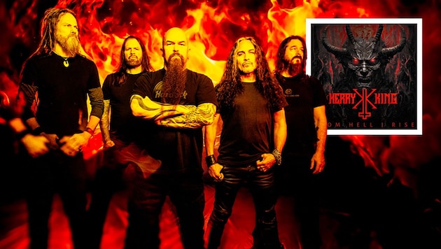 So sieht es aus, wenn erwachsene Männer die Höllenpforten öffnen: Ex-Slayer-Gitarrist Kerry King gibt mit Könnern sein Solodebüt. (Bild: Krone KREATIV/Reigning Phoenix Music, Jim Louvau)