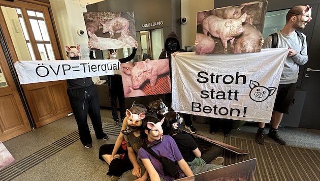 On Thursday, 20 animal rights activists gathered in front of the Ministry of Agriculture to demand an end to fully slatted floors. (Bild: VGT.at)