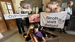 Am Donnerstag versammelten sich 20 Tierschützerinnen und Tierschützer vor dem Landwirtschaftsministerium, um ein Ende des Vollspaltenbodens zu fordern. (Bild: VGT.at)