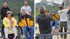 Links: Architekt Armin Walch mit RollOn-Obfrau Marianne Hengl (li.) und Christof Lang (weißes T-Shirt) mit Bernhard P. Gruber. Rechts: Mit dem Kran auf die Zipline. (Bild: Krone KREATIV/Andrea Lindner (2))