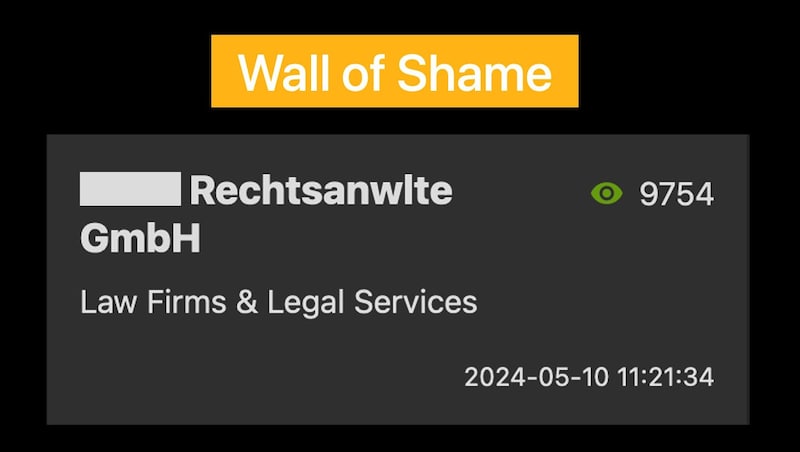 Die „Wall of Shame“ – mittlerweile hat das „Angebot“ der Hacker-Gruppe mehr als 12.000 Zugriffe zu verzeichnen.  (Bild: Krone KREATIV/zVg)