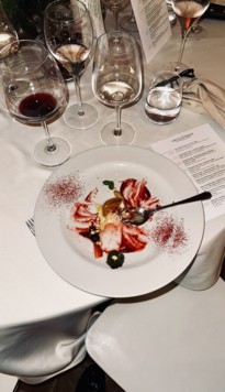 For dessert: Caramel cream with white asparagus and cherries.