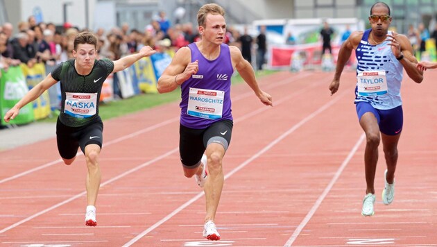 IAC-Sprinter Noël Waroschitz (mitte) jagt den Tiroler 100-m-Rekord. (Bild: GEPA/GEPA pictures)