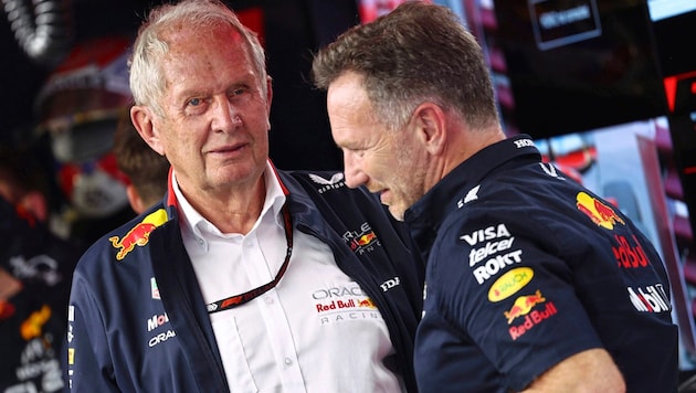 Helmut Marko (links) hätte Daniel Ricciardo wohl lieber früher ersetzt. Doch Christian Horner (rechts) wollte dem Australier noch eine Chance geben.  (Bild: AP ( via APA) Austria Presse Agentur/ASSOCIATED PRESS)