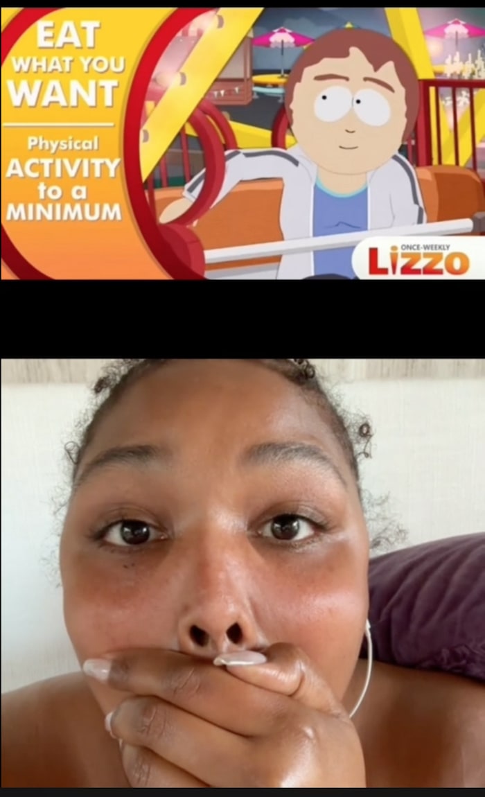 Lizzo zält entsetzt eine Hand vor den Mund.