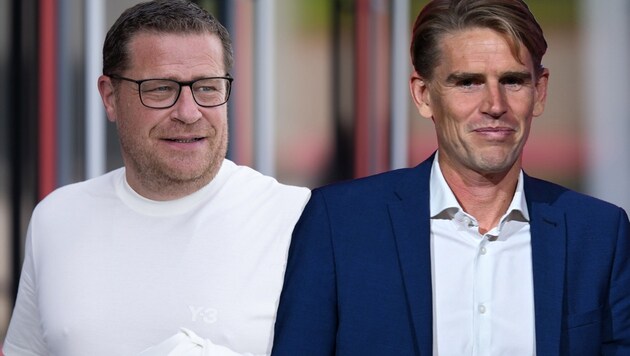 Bringen Bayerns Sportbosse Max Eberl (l.) und Christoph Freund (r.) den Deal unter Dach und Fach? (Bild: APA/dpa/krone.at-MRGrafik)