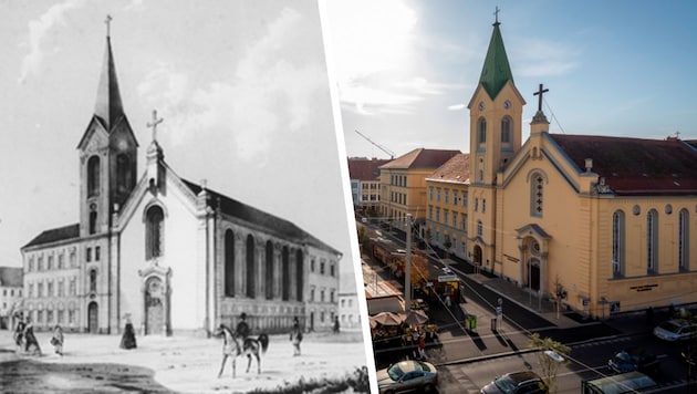 Die Heilandskirche in Graz in den späten 1850er-Jahren und heute (Bild: Krone KREATIV/Helmut Lunghammer/Heilandskirche)