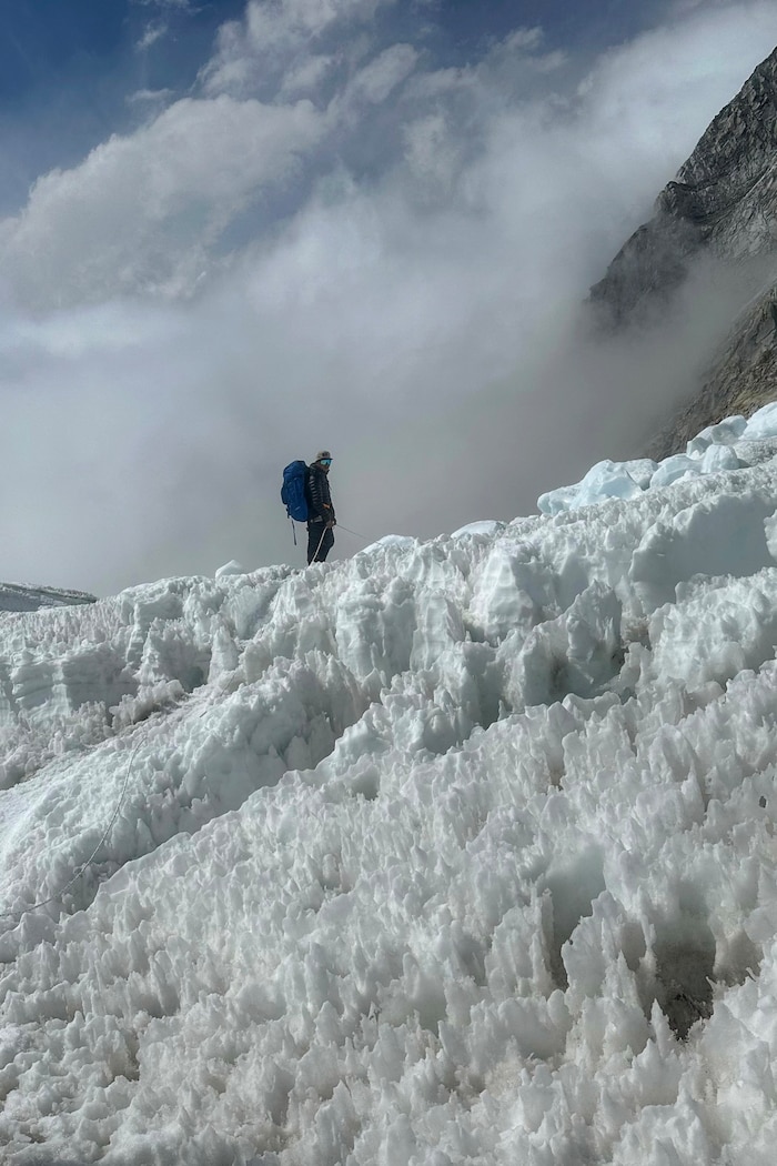 Climbers on the Khumbu Glacier - on their way to the summit of Mount Everest in Nepal