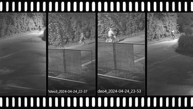 Images from a surveillance camera show the "phantom cyclist" on his way to the scene of the crime. (Bild: Krone KREATIV/LPD NÖ)