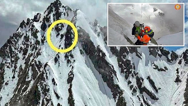 Auf einer Eisklettertour stürzte der Hund einer Bergsteigerin ab. Die Gruppe musste gerettet werden. (Bild: Krone KREATIV/Soccorso Alpino e Speleologico Piemonte)