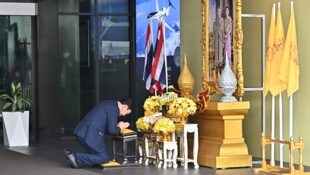 Ex-Premier Thaksin Shinawatra verbeugt sich nach seiner Rückkehr aus dem Exil demütig vor einem Porträt des thailändischen Königs. Eine Geste, die nicht zum erwünschten Erfolg führte, die Behörden werfen ihm Majestätsbeleidigung vor.  (Bild: APA/AFP)