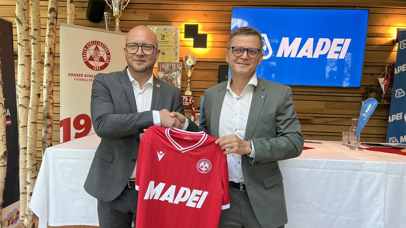 GAK chairman Rene Ziesler (left) and Mapei Austria managing director Andreas Wolf are happy about the new partnership. (Bild: Michael Gratzer)