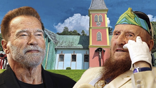 The fantastic Thal parish church designed by Ernst Fuchs, where Arnold Schwarzenegger was baptized, is celebrating its 30th anniversary. (Bild: Krone KREATIV/Jörg Schwaiger, Reinhard Holl, AFP/Mario Tama)