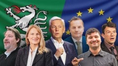 Thomas Waitz (Grüne), Elisabeth Grossmann (SPÖ), Reinhold Lopatka (ÖVP), Georg Mayer (FPÖ), Lubomir Surnev (KPÖ), Philipp Pointner (NEOS), von links.  (Bild: Krone KREATIV/KPÖ Stmk., Wolfgang Spekner, Christian Jauschowetz, Christof Birbaumer, Klemens Groh, FPÖ/Silvana Gruze)