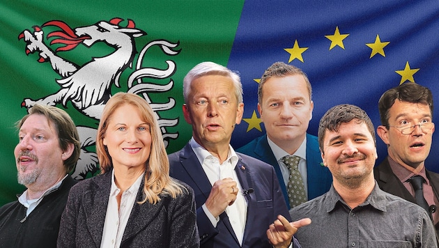 Die steirischen Spitzenkandidaten: Thomas Waitz (Grüne), Elisabeth Grossmann (SPÖ), Reinhold Lopatka (ÖVP), Georg Mayer (FPÖ), Lubomir Surnev (KPÖ), Philipp Pointner (NEOS). (Bild: Krone KREATIV/KPÖ Stmk., Wolfgang Spekner, Christian Jauschowetz, Christof Birbaumer, Klemens Groh, FPÖ/Silvana Gruze)