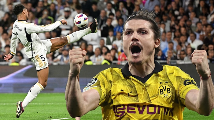 Jude Bellingham (l.) and Marcel Sabitzer (r.) face each other in the Champions League final.