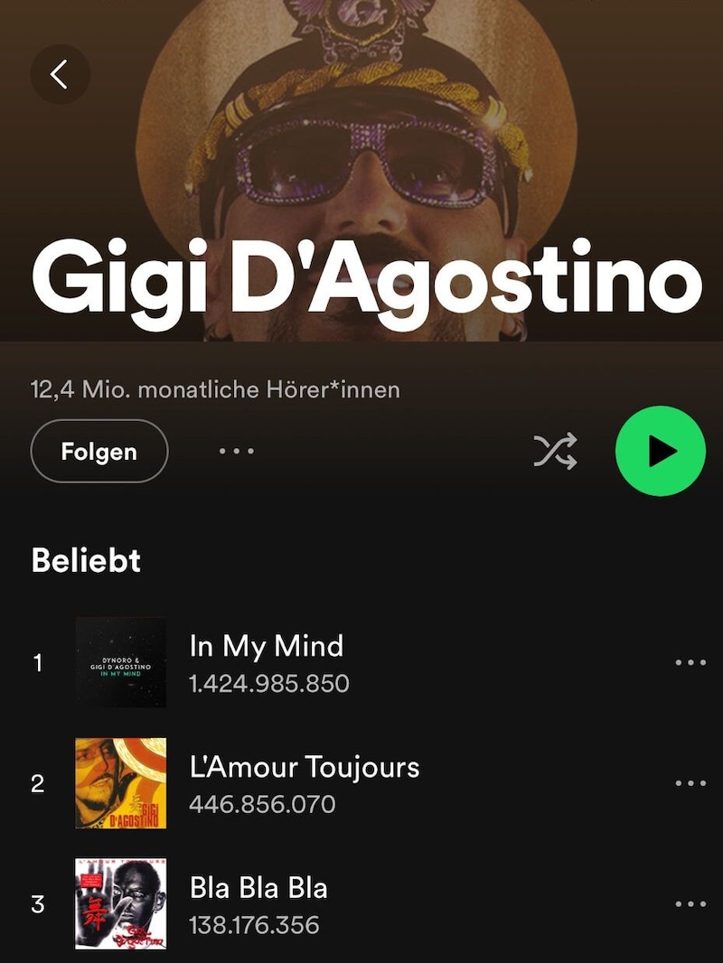 A look at Spotify shows the gigantic number of downloads of his hits. (Bild: Screenshot Spotify)