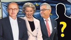 Othmar Karas, Ursula von der Leyen, Magnus Brunner und ein Unbekannter. Wer macht das Rennen um die begehrten Jobs?  (Bild: Krone KREATIV/APA/MarijanMurat, Christian Georgescu, EPA/Oliver Hoslet, APA/picturedesk/Hochmuth)