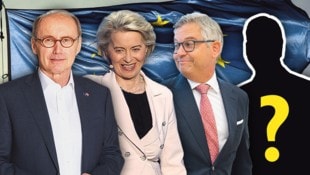 Othmar Karas, Ursula von der Leyen, Magnus Brunner und ein Unbekannter. Wer macht das Rennen um die begehrten Jobs?  (Bild: Krone KREATIV/APA/MarijanMurat, Christian Georgescu, EPA/Oliver Hoslet, APA/picturedesk/Hochmuth)