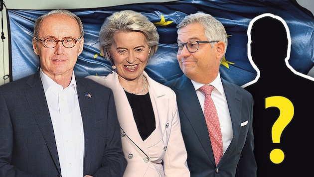 Othmar Karas, Ursula von der Leyen, Magnus Brunner és egy ismeretlen. Ki nyeri a versenyt az áhított állásokért? (Bild: Krone KREATIV/APA/MarijanMurat, Christian Georgescu, EPA/Oliver Hoslet, APA/picturedesk/Hochmuth)