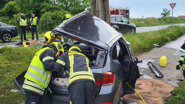 Der Pkw krachte frontal gegen einen Baum. (Bild: FF Schwadorf)