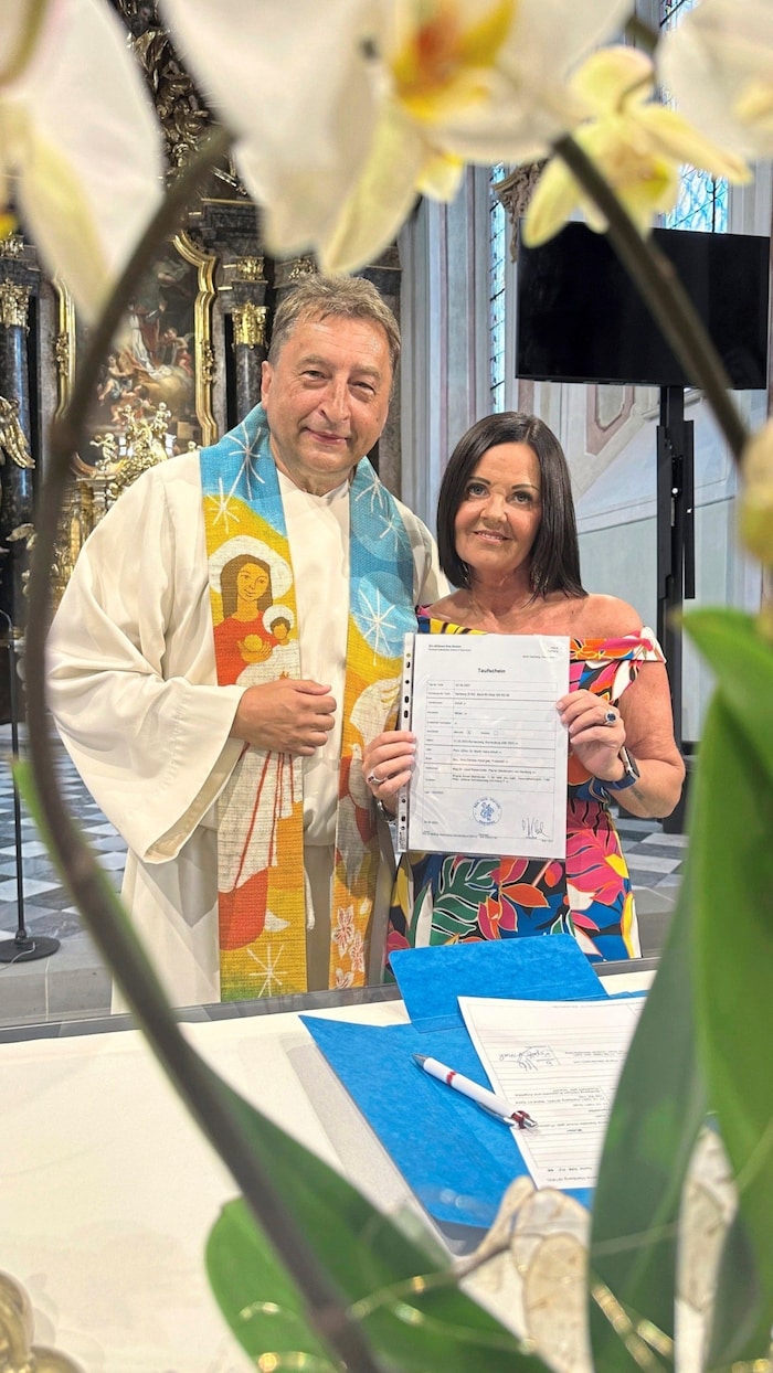 Pastor Josef Reisenhofer together with Hartberg's soccer president Brigitte Annerl