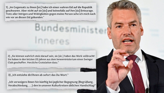 The alleged double agent Egisto Ott wrote a bizarre letter to the then Minister of the Interior and current Federal Chancellor Karl Nehammer (ÖVP) in May 2020. (Bild: Krone KREATIV/APA/Herbert Neubauer, zVg)