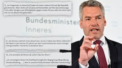 Der mutmaßliche Doppelagent Egisto Ott schrieb im Mai 2020 einen skurrilen Brief an den damaligen Innenminister und heutigen Bundeskanzler Karl Nehammer (ÖVP). (Bild: Krone KREATIV/APA/Herbert Neubauer, zVg)