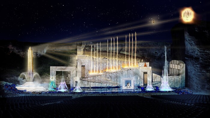 „Aida“ heuer mit gigantischer Wassershow (o. ein Entwurf des Bühnenbilds) – Infos und Karten: operimsteinbruch.at 