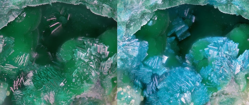 Heimit-Kristalle wechseln unter dem Rasterelektronenmikroskop ihre Farbe von grün (links) nach blau. (Bild: SCNAT/Remo Zanelli)