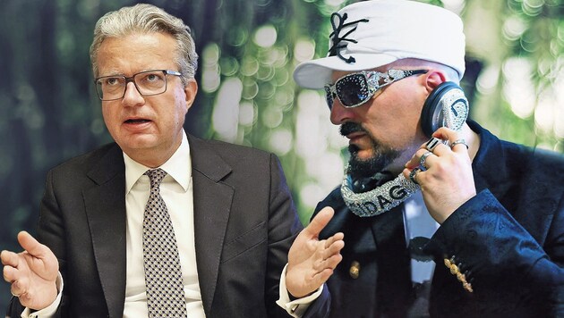 Landeshauptmann Christopher Drexler (links) will Gigi D‘Agostinos Hit „L’Amour Toujours“ weiter hören (Bild: Krone KREATIV/Christian Jauschowetz, Semtainment)