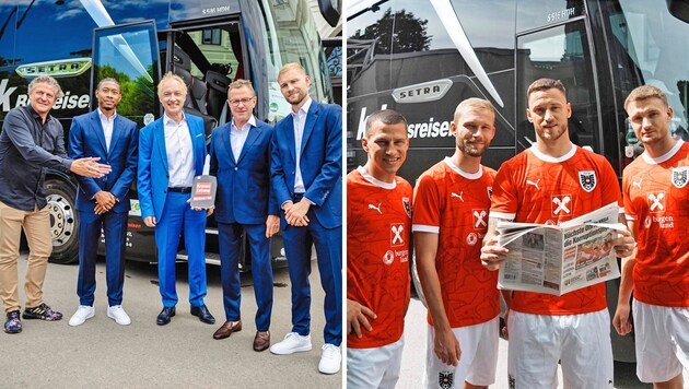 The official handover of the bus keys with Peter Moizi, David Alaba, Gerhard Valeskini, Ralf Rangnick and Konrad Laimer (left picture from left to right) (Bild: Urbantschitsch Mario)