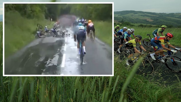 An anxious moment at the Dauphine Tour (Bild: AFP/x.com/Critérium du Dauphiné)