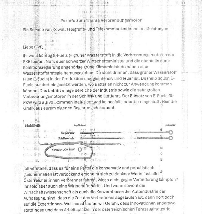 Here you can see the fax confirmation - the letter was sent to the ÖVP headquarters in Vienna.