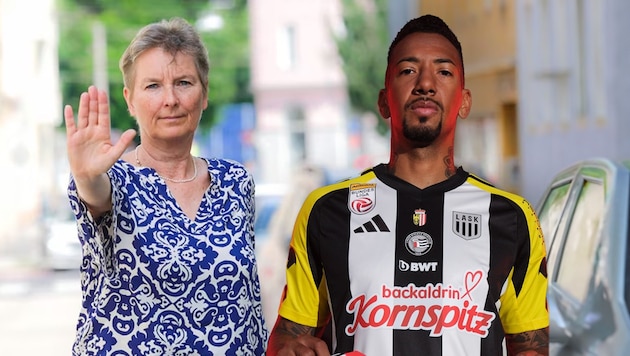 Stop, stop, stop violence against women - an issue that Eva Schuh champions and sharply criticizes the signing of Jérôme Boateng for LASK. (Bild: APA/LASK, Einöder Horst (KI generiert), Krone KREATIV)