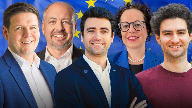 Diese Vorarlberger treten am Sonntag bei der EU-Wahl an: Philipp Kreinbucher, Joachim Fritz, Christoph Gruber, Christine Schwarz-Fuchs und Johannes Hartmann. (Bild: Krone KREATIV/APA/Winfried Rothermel, zVg)