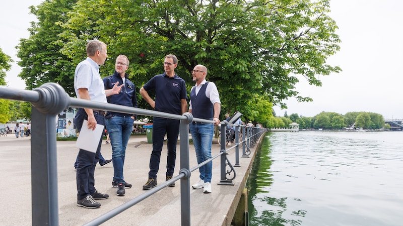 Wallner, Sicherheitslandesrat Christian Gantner und Bregenz-Bürgermeister Michael Ritsch haben sich vor Ort selbst ein Bild gemacht.  (Bild: Land Vorarlberg/Hofmeister)