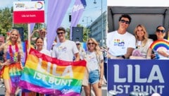 Anna Gasser, Alessandro Hämmerle und Laura Feiersinger auf der Regenbogenparade 2024 (Bild: Milka)