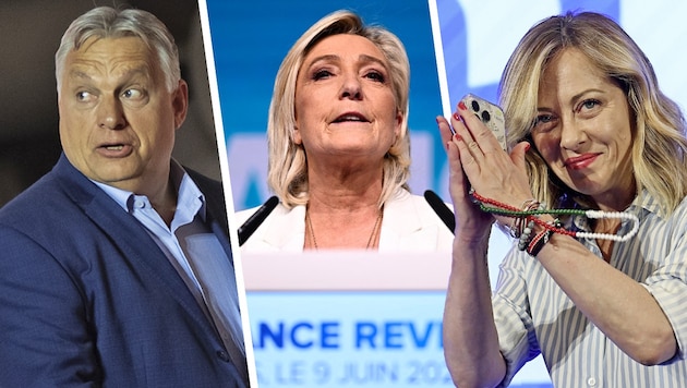 Le Pen, Orbán ve Meloni partileriyle ilk sırada yer aldılar. (Bild: Krone KREATIV/AFP)