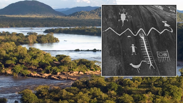 The petroglyphs - rock paintings carved in stone from prehistoric times - depict human figures, giant Amazonian centipedes and, above all, snakes. (Bild: Don Perucho – stock.adobe.com/Cambridge University Press/Antiquity Publications Ltd, Krone KREATIV)