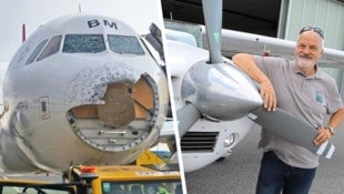 Josef Mündlers Hagelabwehrflieger waren mit demselben Gewittersturm beschäftigt, der die AUA-Maschine des Typs A320 am Sonntag schwer demolierte. (Bild: Krone KREATIV/Privat, Christian Jauschowetz,)