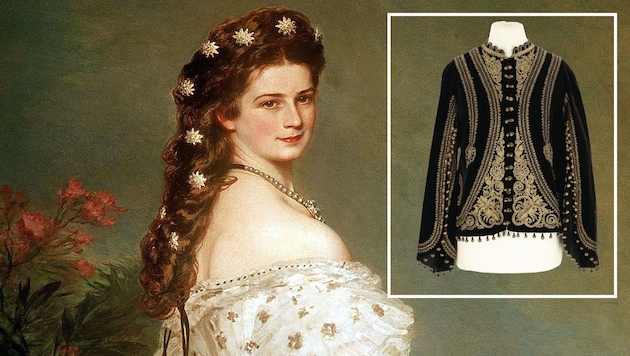 Kaiserin Sisi auf dem berühmten Porträt von Franz Xaver Winterthaler. Am kleinen Bild ist die versteigerte Samtjacke zu sehen. (Bild: APA/Bernhaut/DPA, APA/DOROTHEUM)