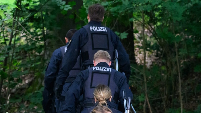 Polizisten sind mit Suchstangen auf der Suche nach der Grundschülerin in einem Waldstück ...