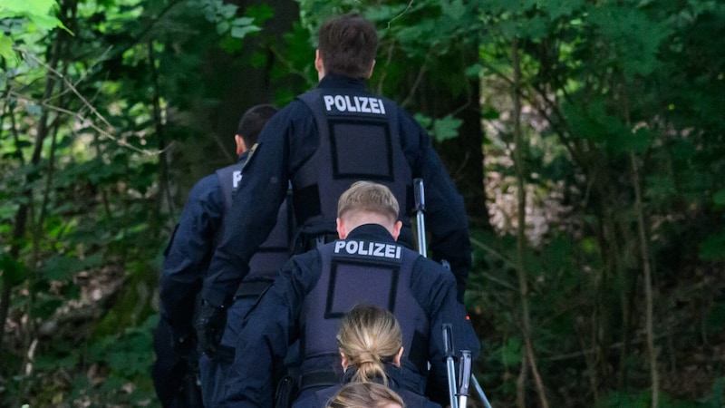 Polizisten sind mit Suchstangen auf der Suche nach der Grundschülerin in einem Waldstück unterwegs. (Bild: APA/dpa/Robert Michael)